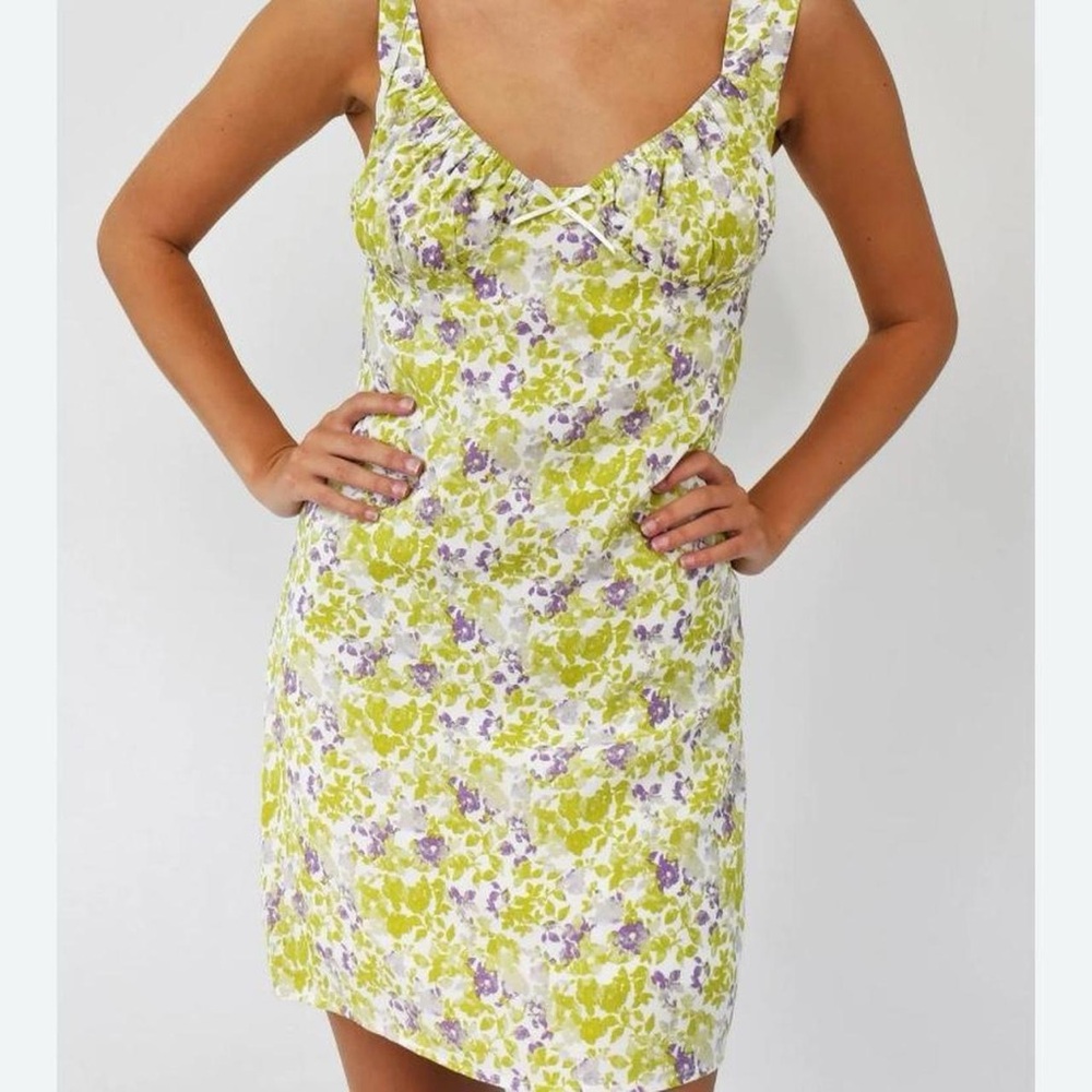 Green and lilac purple floral sleeveless dress with sweetheart neckline